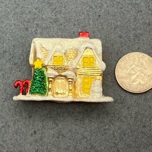 Christmas Pin Brooch House As Is Gold White Snow Green Tree Red Candy Canes - Picture 1 of 9